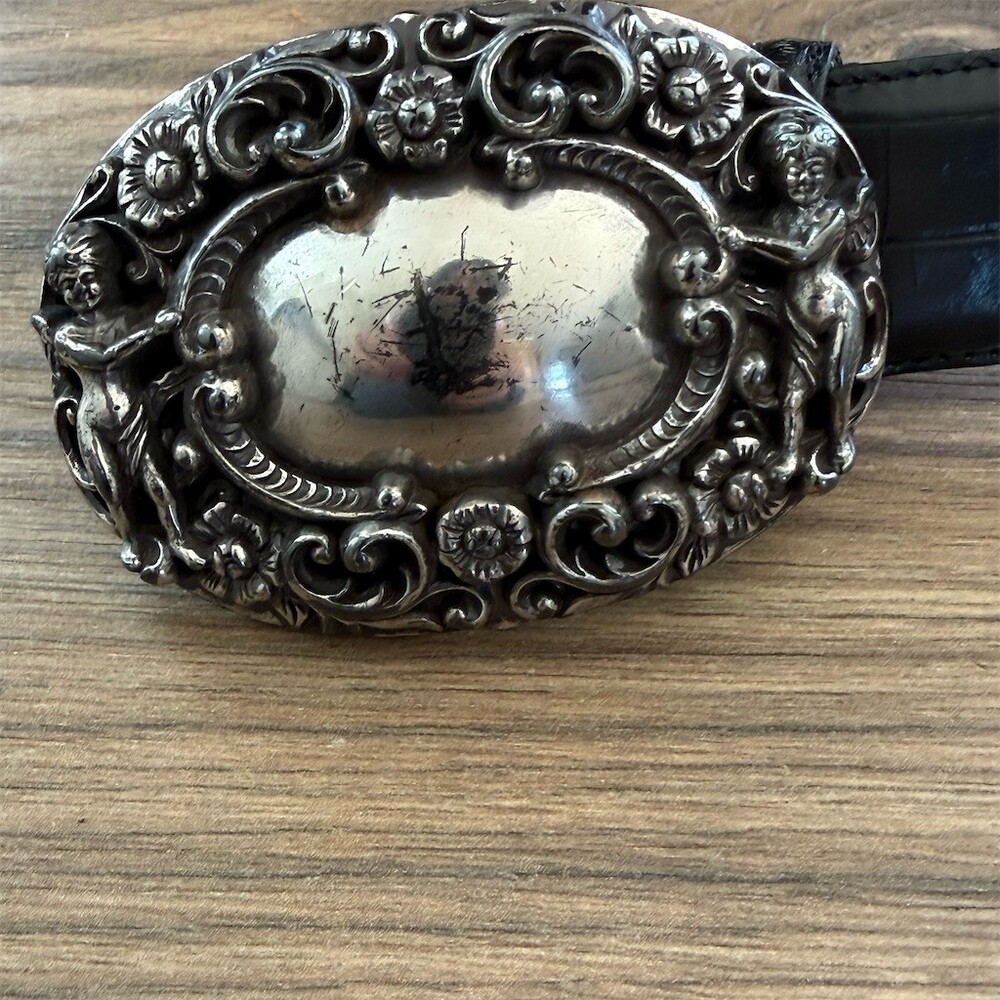 Brighton VTG 1995 Black Belt  Size M Black Croc Embossed Cherub Angel Buckle - Picture 6 of 11